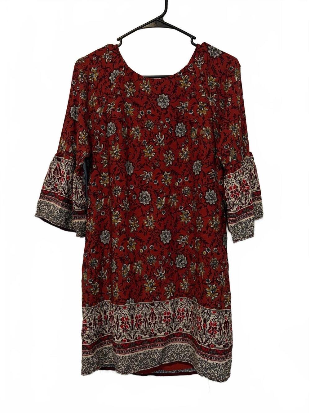 Forever 21 Burgundy Bohemian Hippy Floral Print Bell Sleeve Dress Size Small
